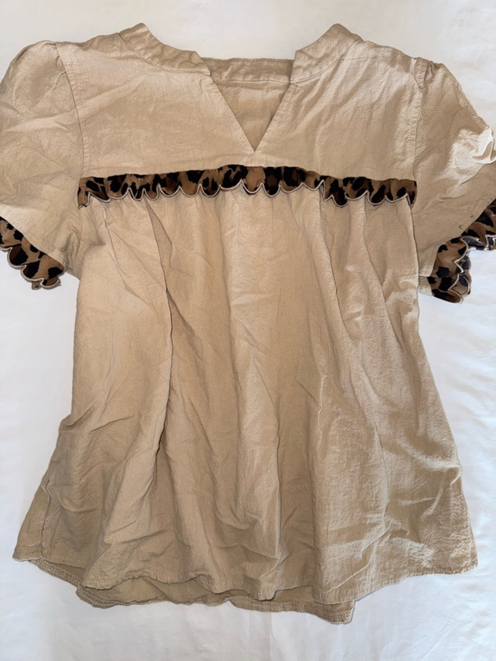 SHEIN Beige Women's Puff Sleeve Top with Leopard Trim L